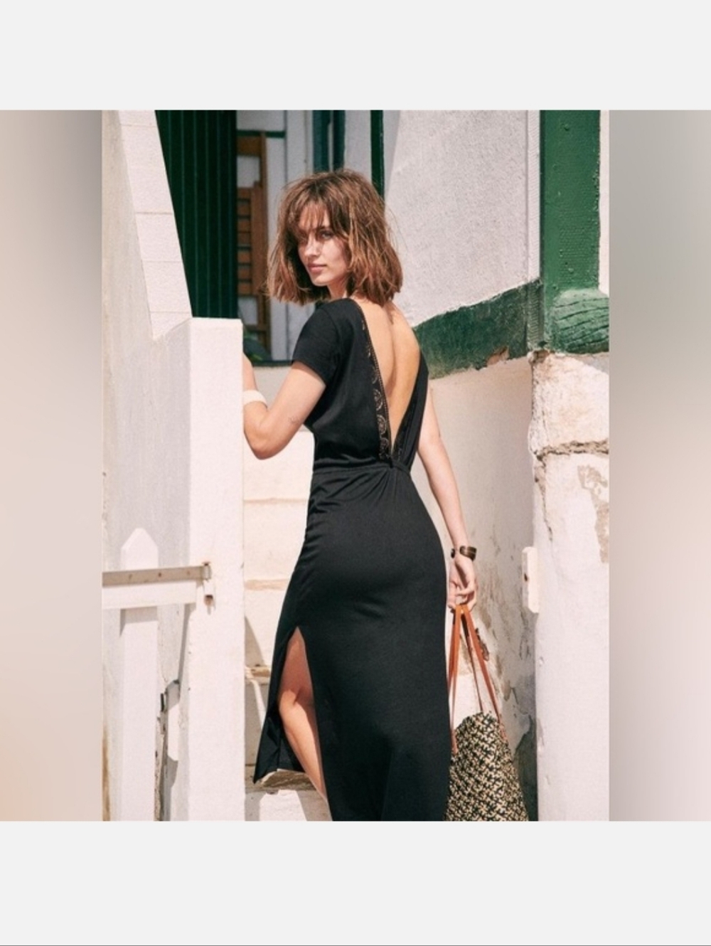 Sezane Black Crochet Lace V-Neck Midi Dress Small minimalist Parisian French
